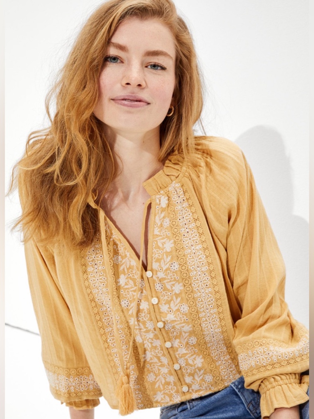 American Eagle Outfitters Mustard Embroidered Peasant Blouse